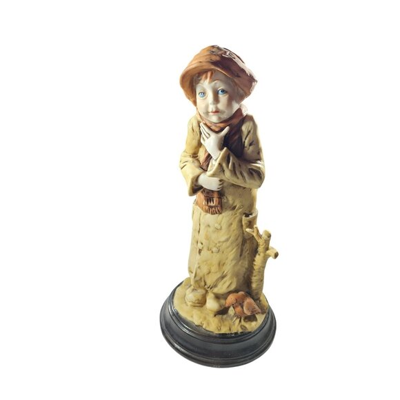 Figurine winter boy In coat scarf hat With Bird and tree - Picture 1 of 4